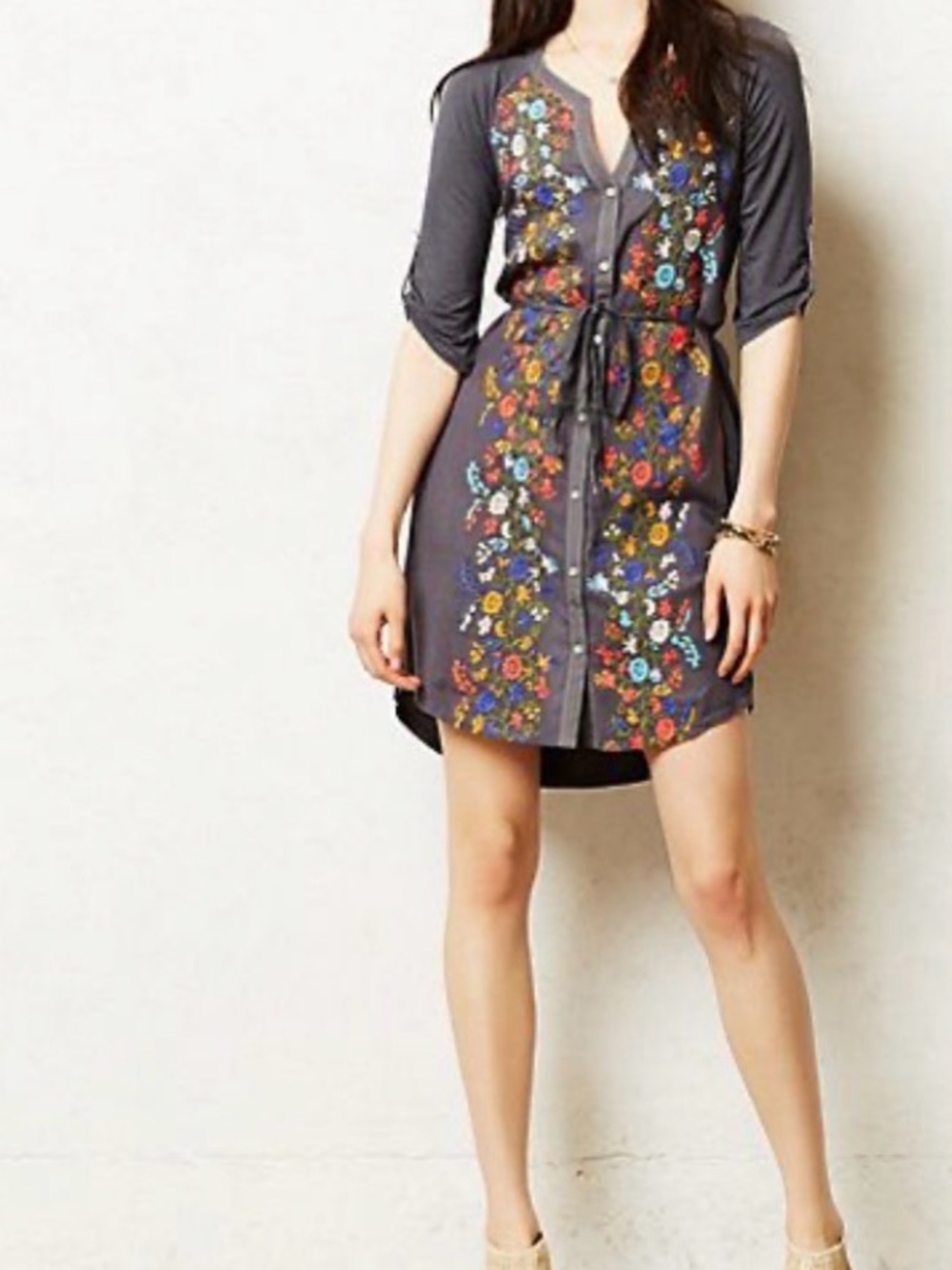 Anthropologie Tiny Gathered Vines Floral Tunic Dress *missing tie* size M